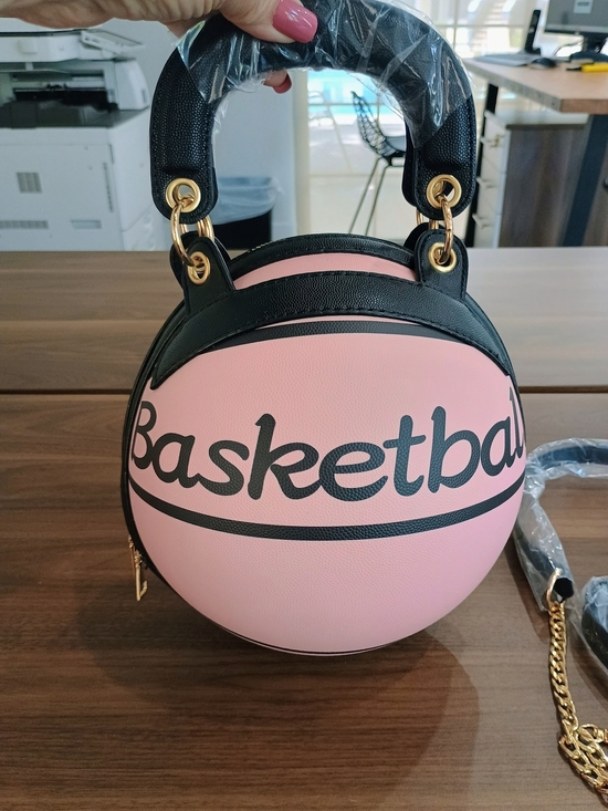 Handbags - Pink Basketball-Style Round Crossbody Bag with Black Trim